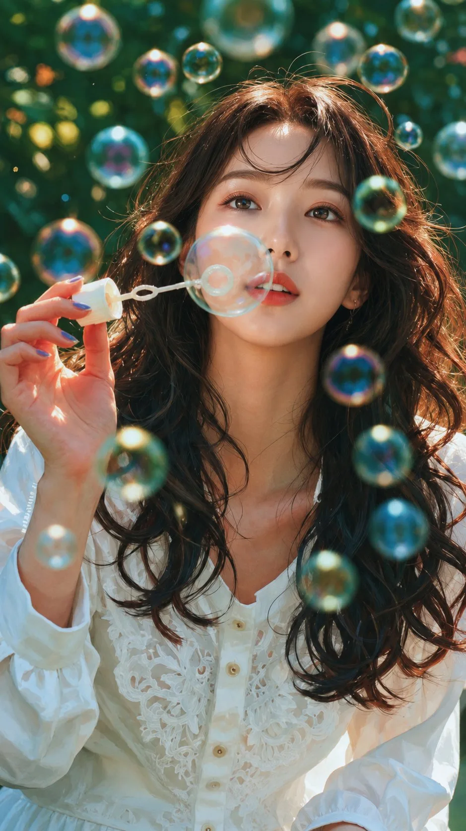 สาวเอเชียเป่าฟองสบู่ในสวนสวย 1