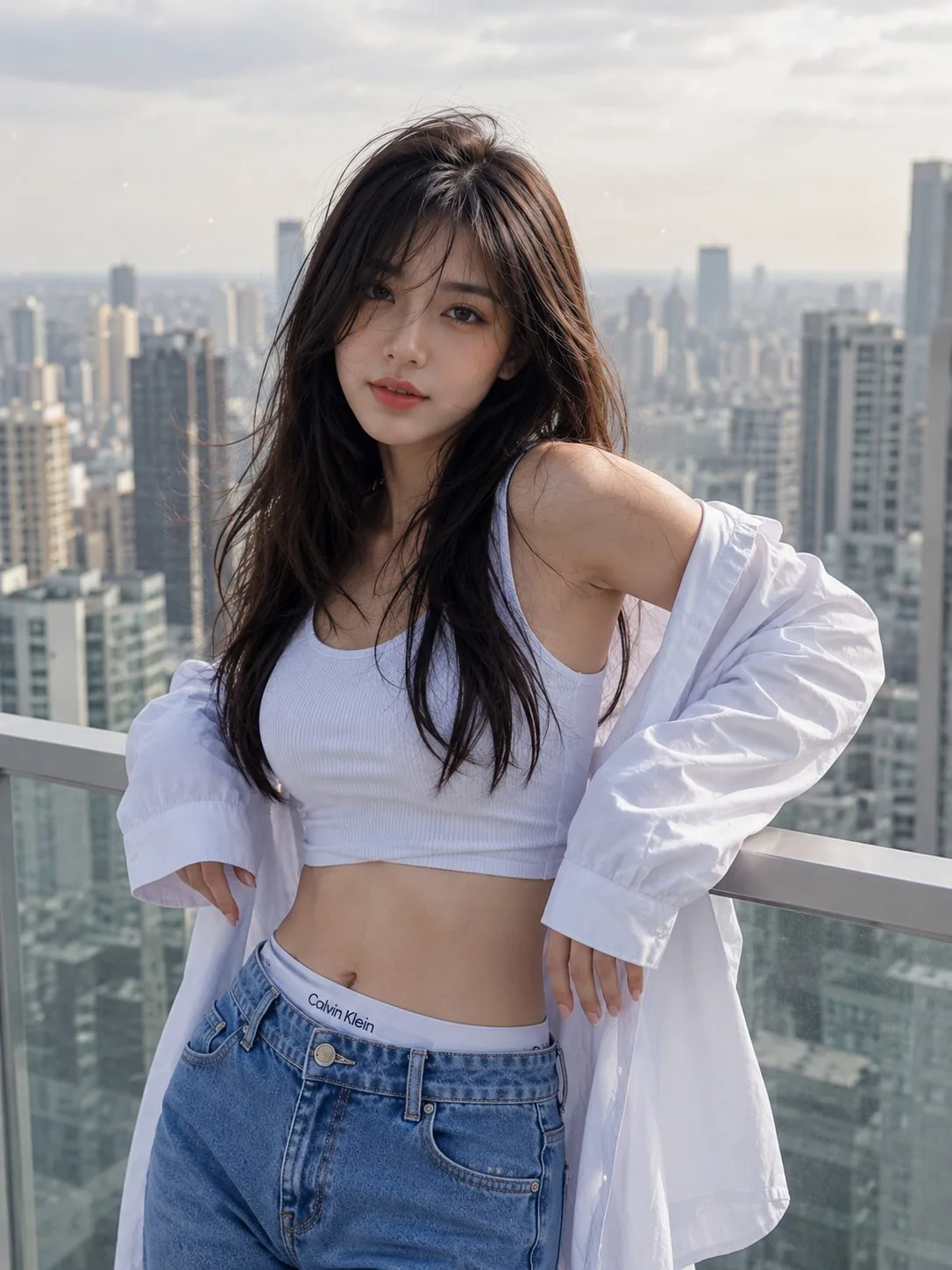 สาวเอเชียบนระเบียงตึกสูง วิวเมืองยามกลางวัน 1