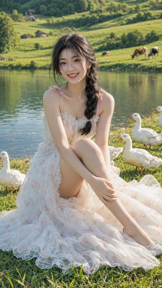 สาวเอเชียป้อนเป็ดริมทะเลสาบ: แฟชั่นฤดูร้อนเหนือจริง