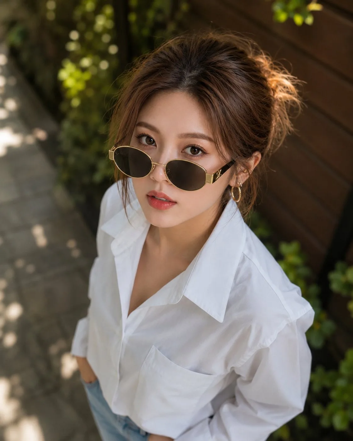 แฟชั่นหญิงสาวยืนกลางแจ้ง ถ่ายมุมสูง สไตล์สมจริง 1