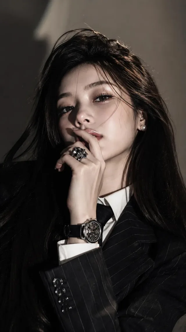 หญิงสาวในชุดสูทลายทาง สไตล์แฟชันเหนือจริง