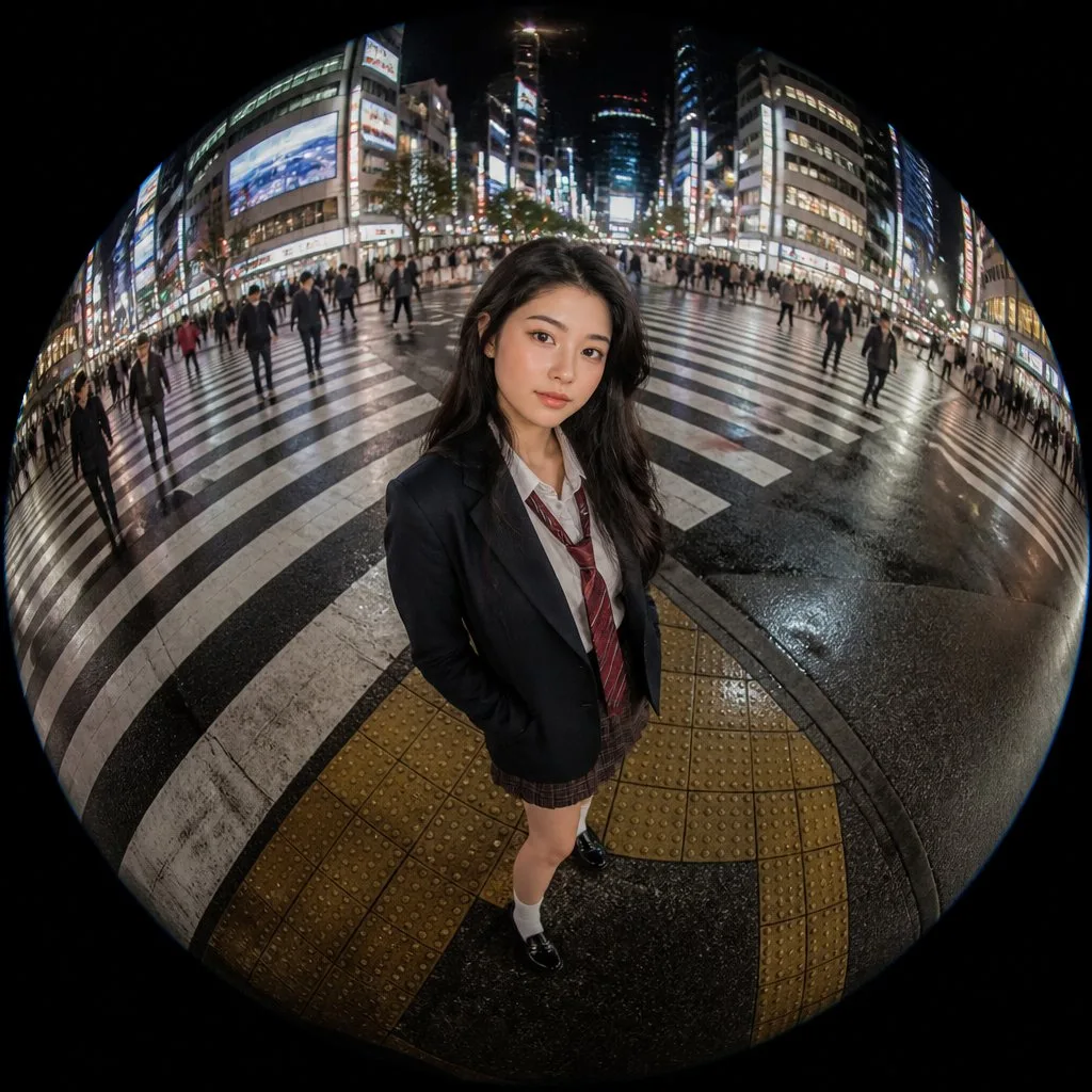 สาวญี่ปุ่นในชุดนักเรียน เลนส์ฟิชอายยามค่ำคืน 1