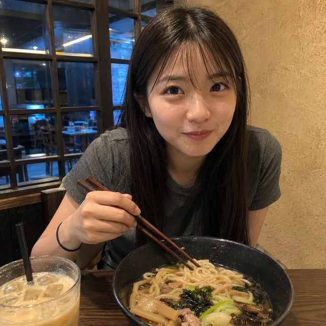 สาวกินบะหมี่ในร้านอาหารญี่ปุ่น ถ่ายด้วยมือถือ