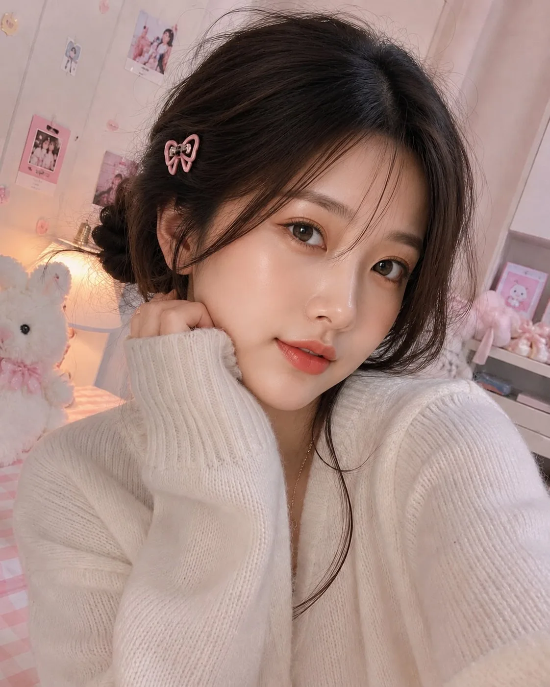 เซลฟี่สาวหวานพิงแก้มในห้องสีชมพู 1