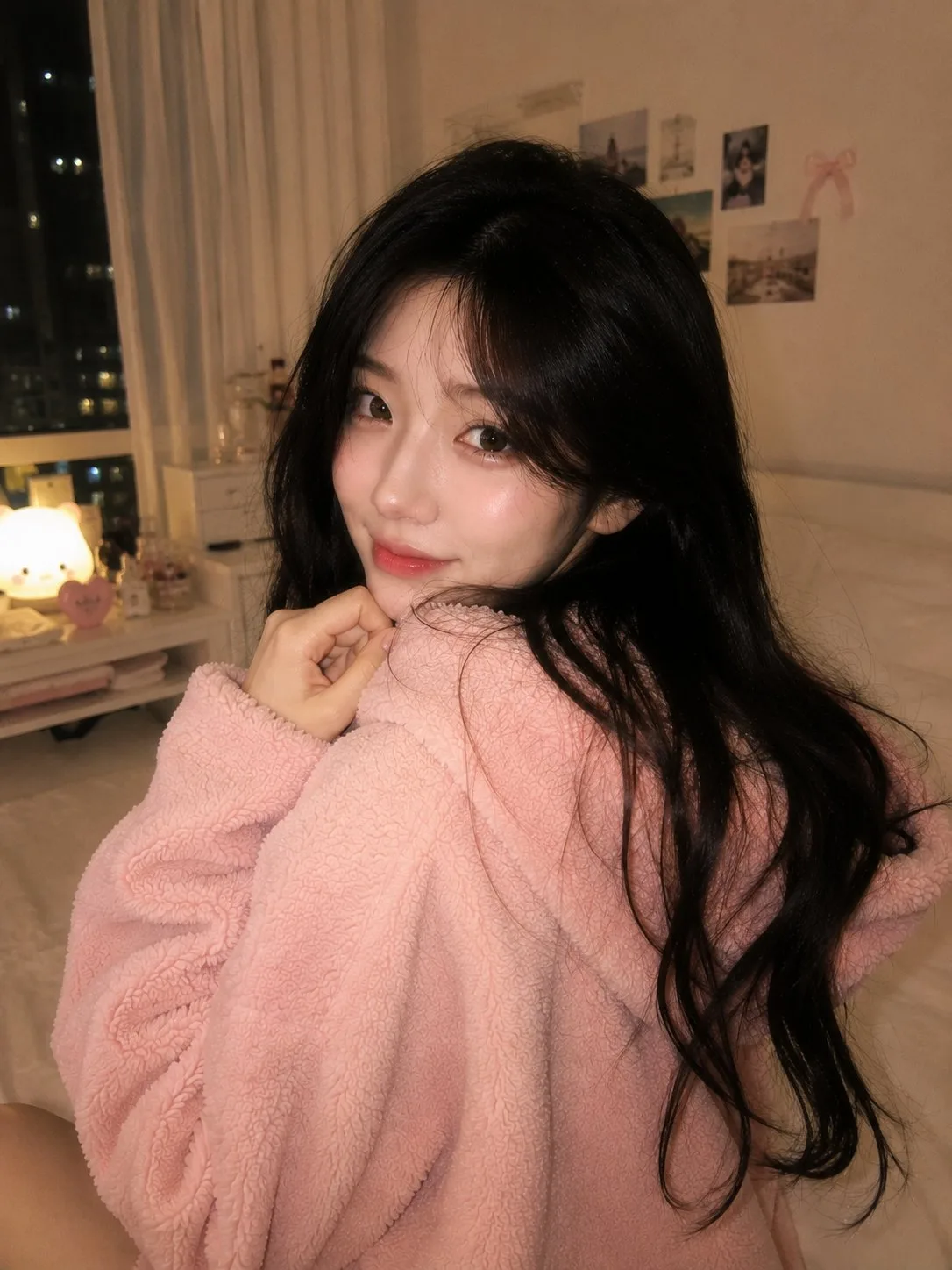 ภาพเหมือนสาวเกาหลีชุดฮู้ดชมพูในห้องนอนอบอุ่น 1