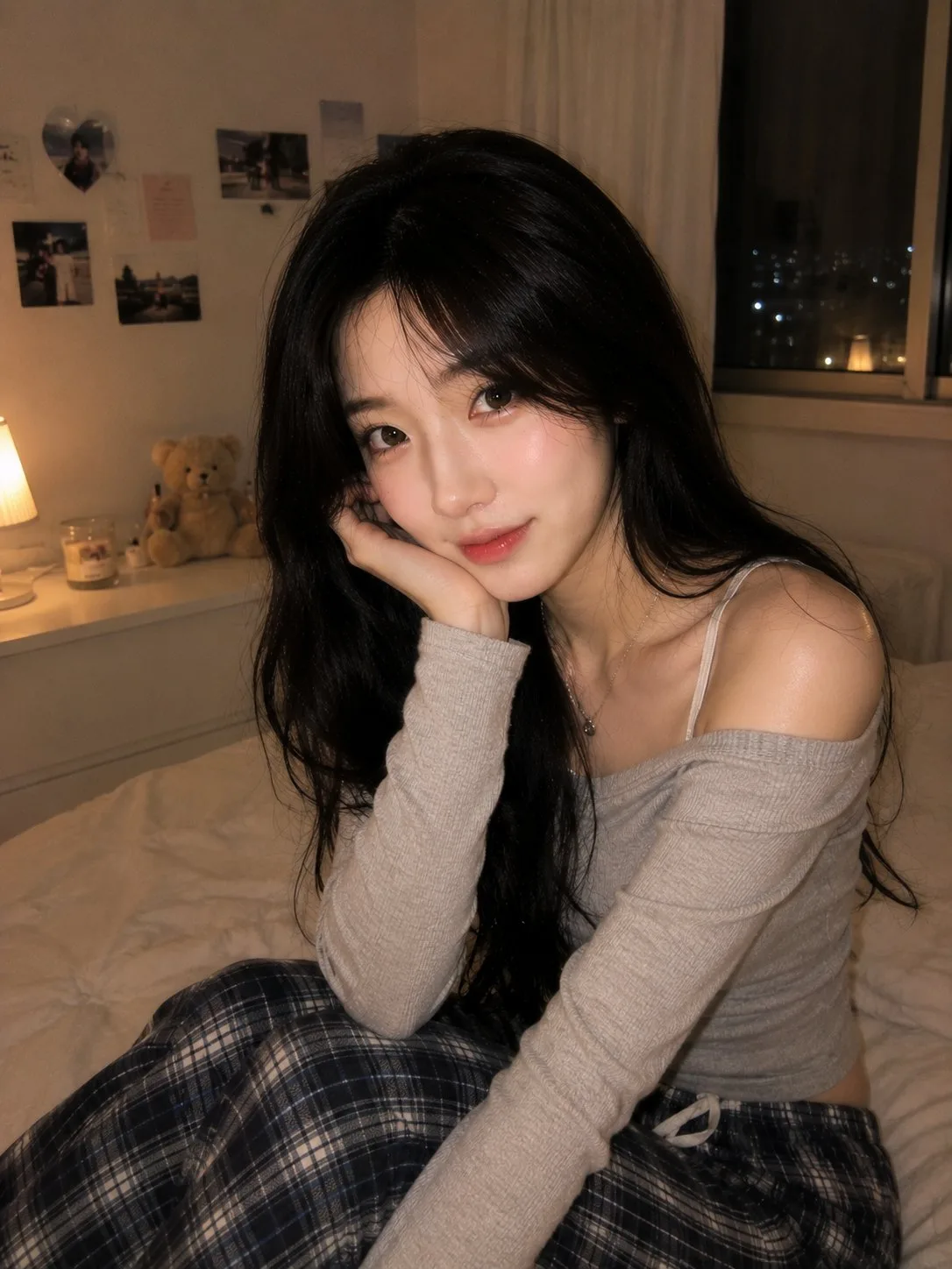 ภาพเหมือนสาวเกาหลีชุดฮู้ดชมพูในห้องนอนอบอุ่น 2