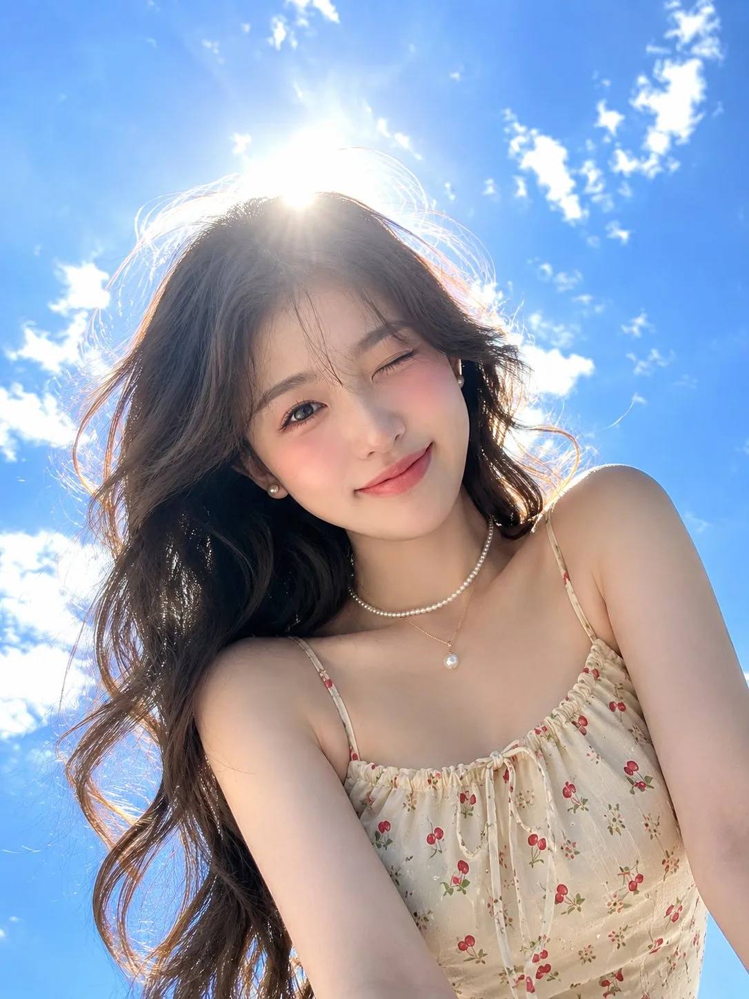 สาวหน้าร้อน แสงแดดสดใส ถ่ายมุมต่ำ 1