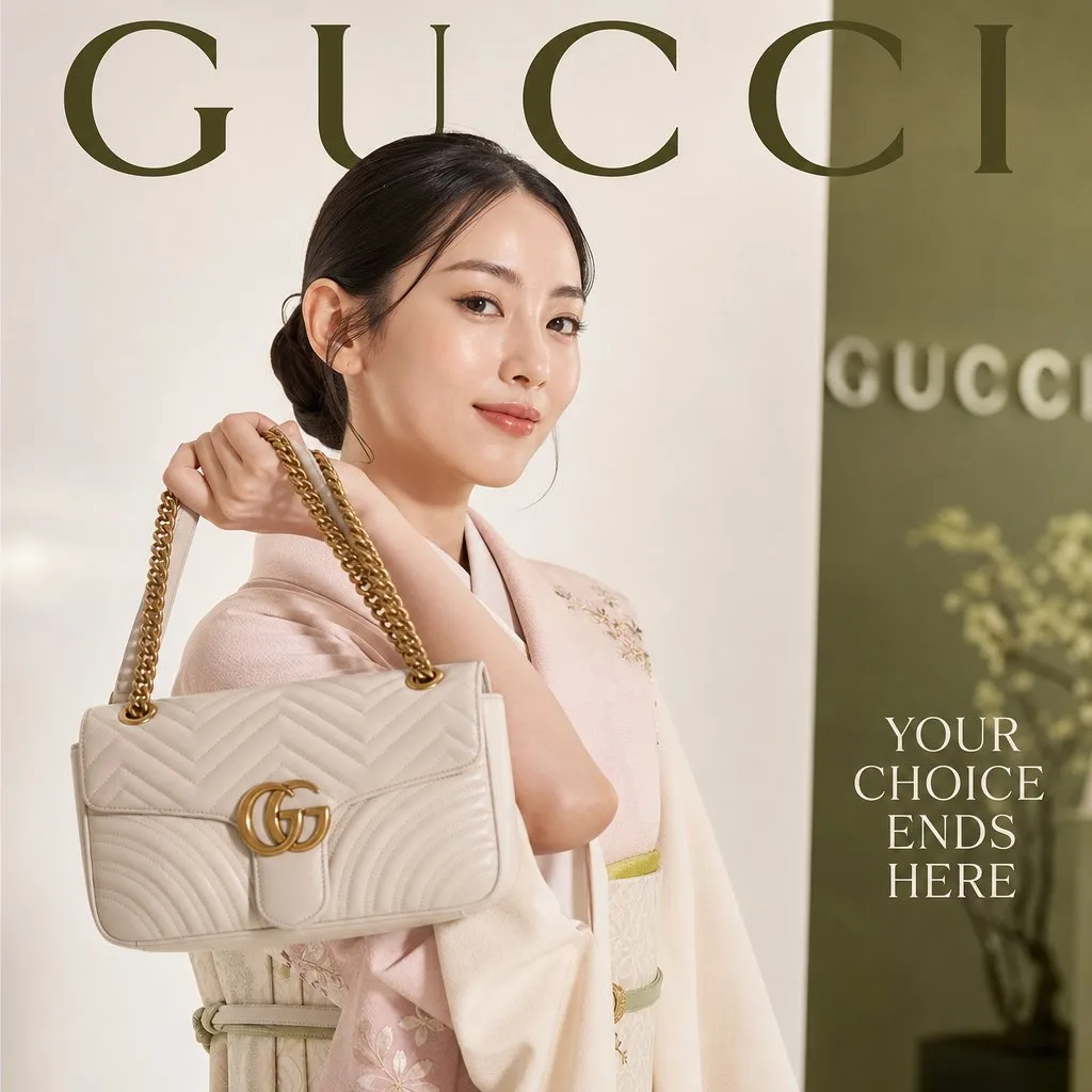 ปกนิตยสารแฟชั่นหรูหรา: กระเป๋า Gucci กับนางแบบญี่ปุ่น 1