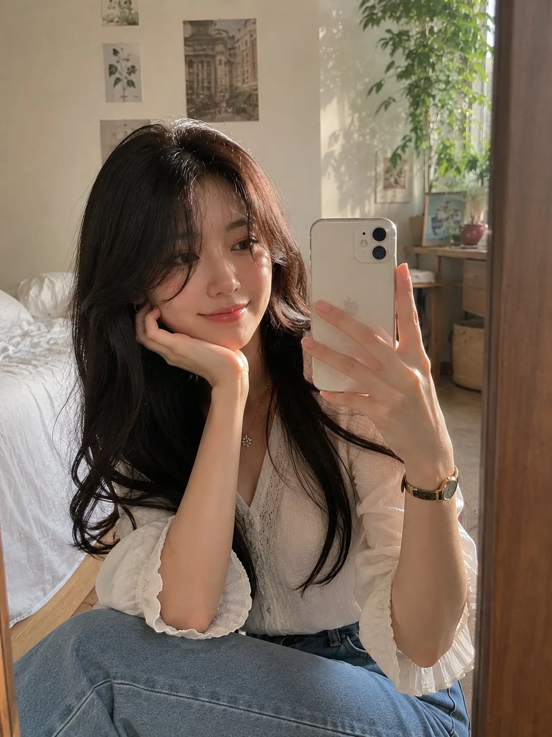 สาวสวยเซลฟี่หน้ากระจกในห้องนอนกลางแสงแดด 1