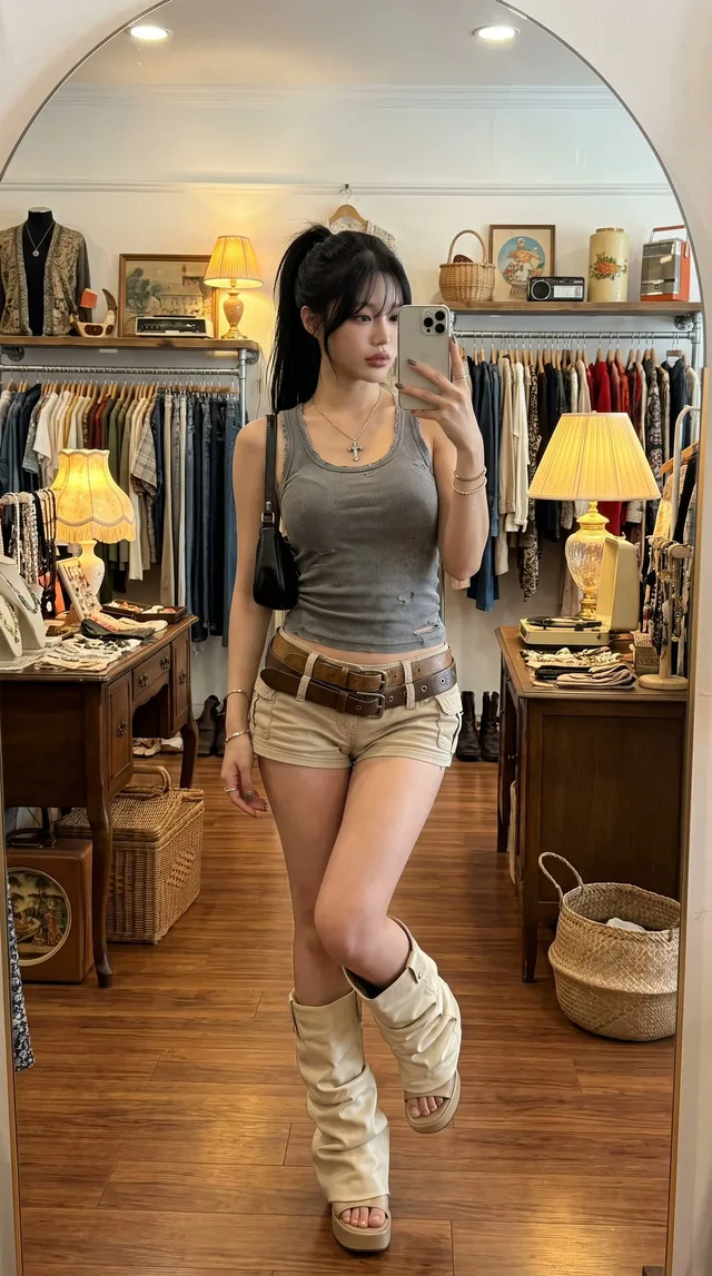 สาวถ่ายเซลฟี่ในกระจกที่ร้านเสื้อผ้าสไตล์วินเทจ