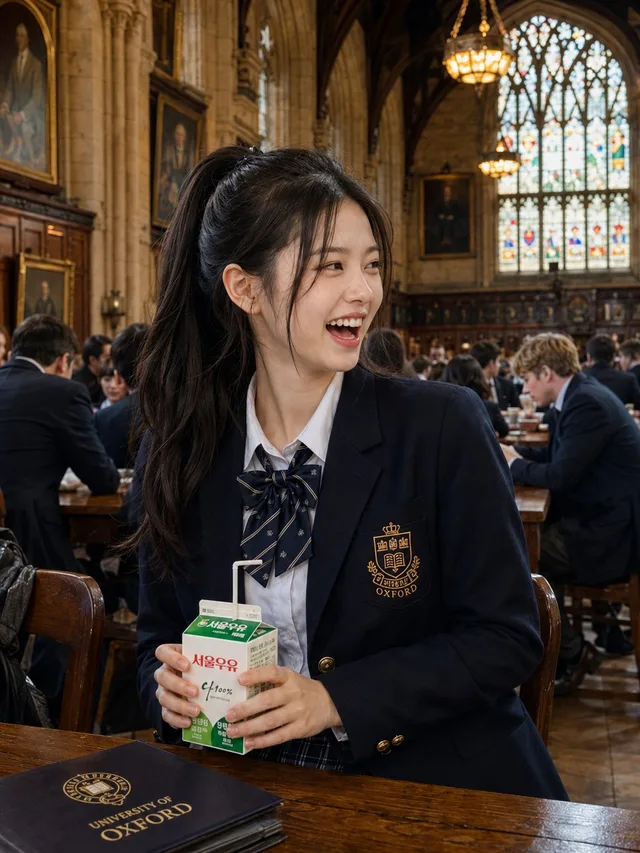 สาวเอเชียในชุดนักศึกษา Oxford ณ โรงอาหาร