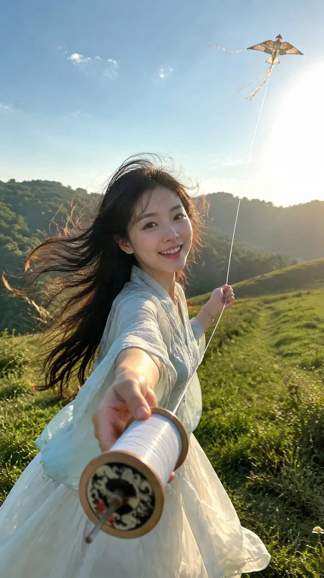 สาวจีนใหม่ในฤดูร้อน กำลังเล่นว่าว แบบ POV สมจริง