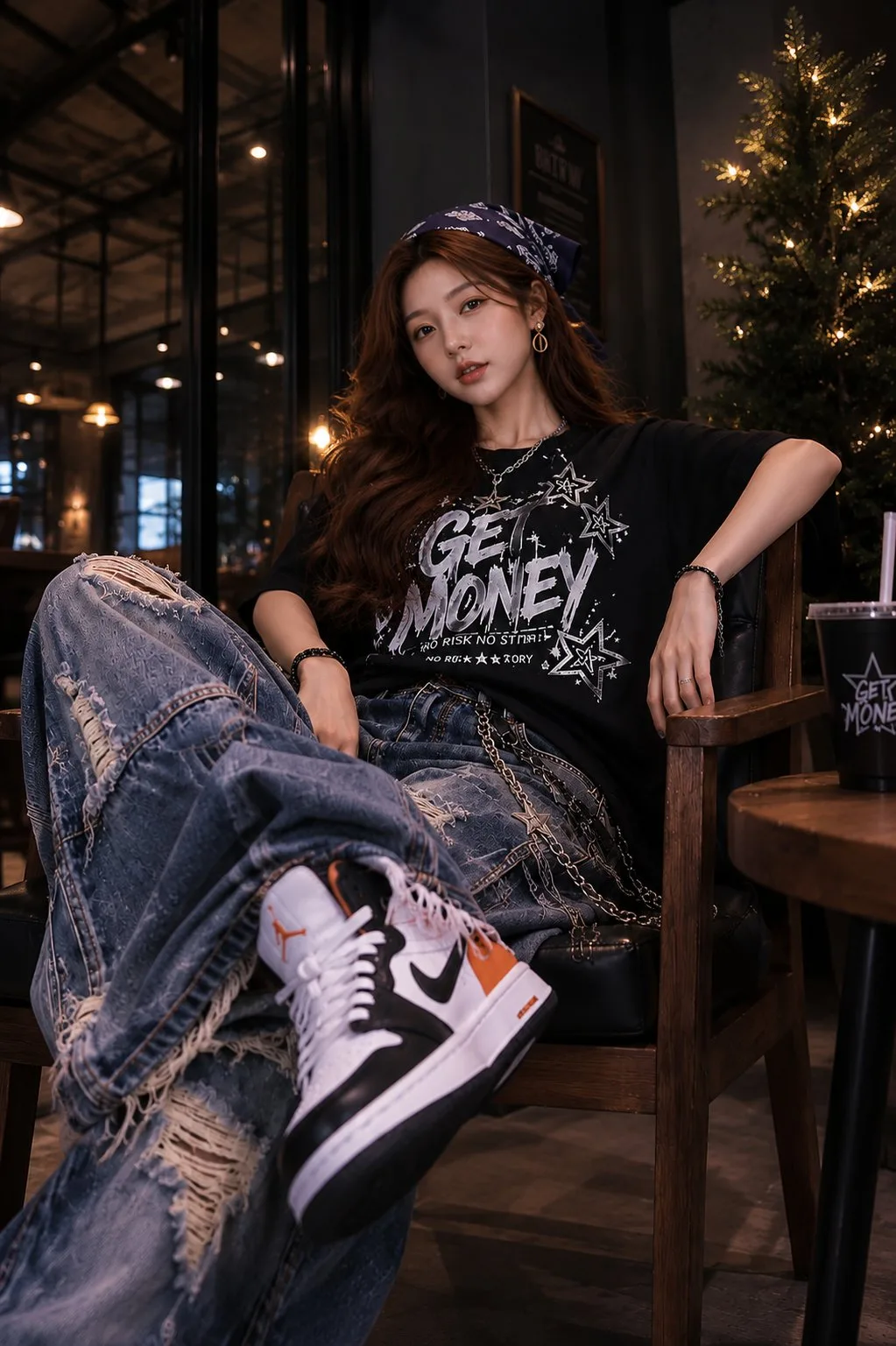 สาวแฟชั่นในคาเฟ่หรูยามค่ำคืน 1