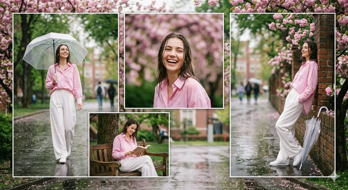 ภาพคอลลาจหญิงสาวแฟชั่นในรั้วมหาวิทยาลัยท่ามกลางสายฝน 1