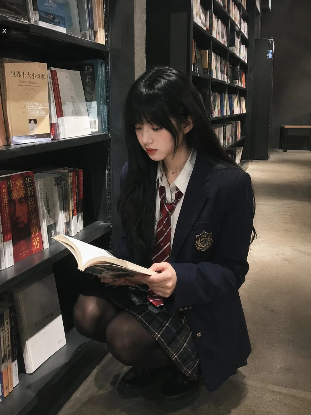 นักเรียนหญิงเอเชียตะวันออกในร้านหนังสือ (ภาพมือถือ) 1