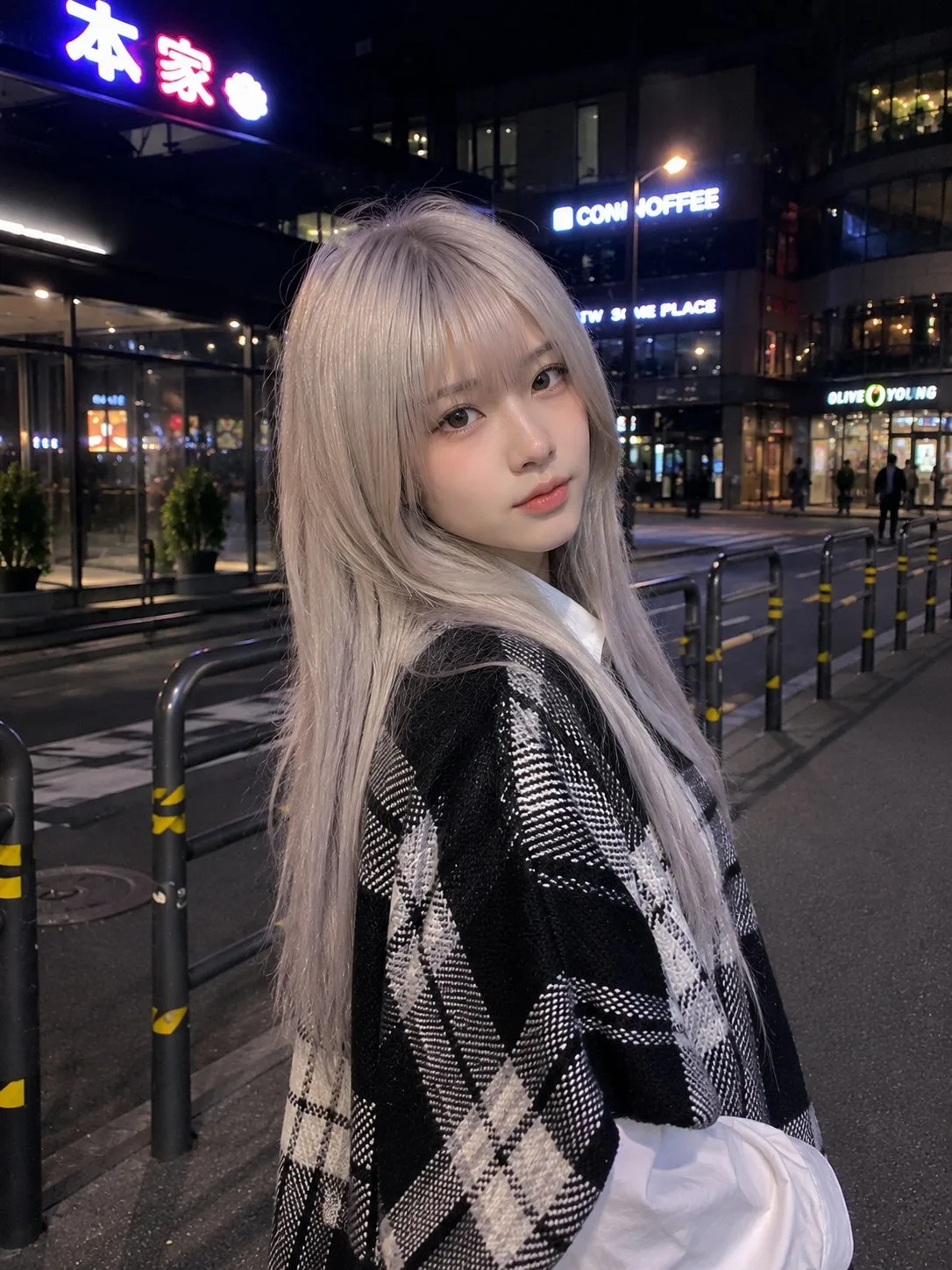 สาวผมแพลตตินัม สตรีทแฟชั่นเกาหลี ถ่ายด้วยมือถือ 1
