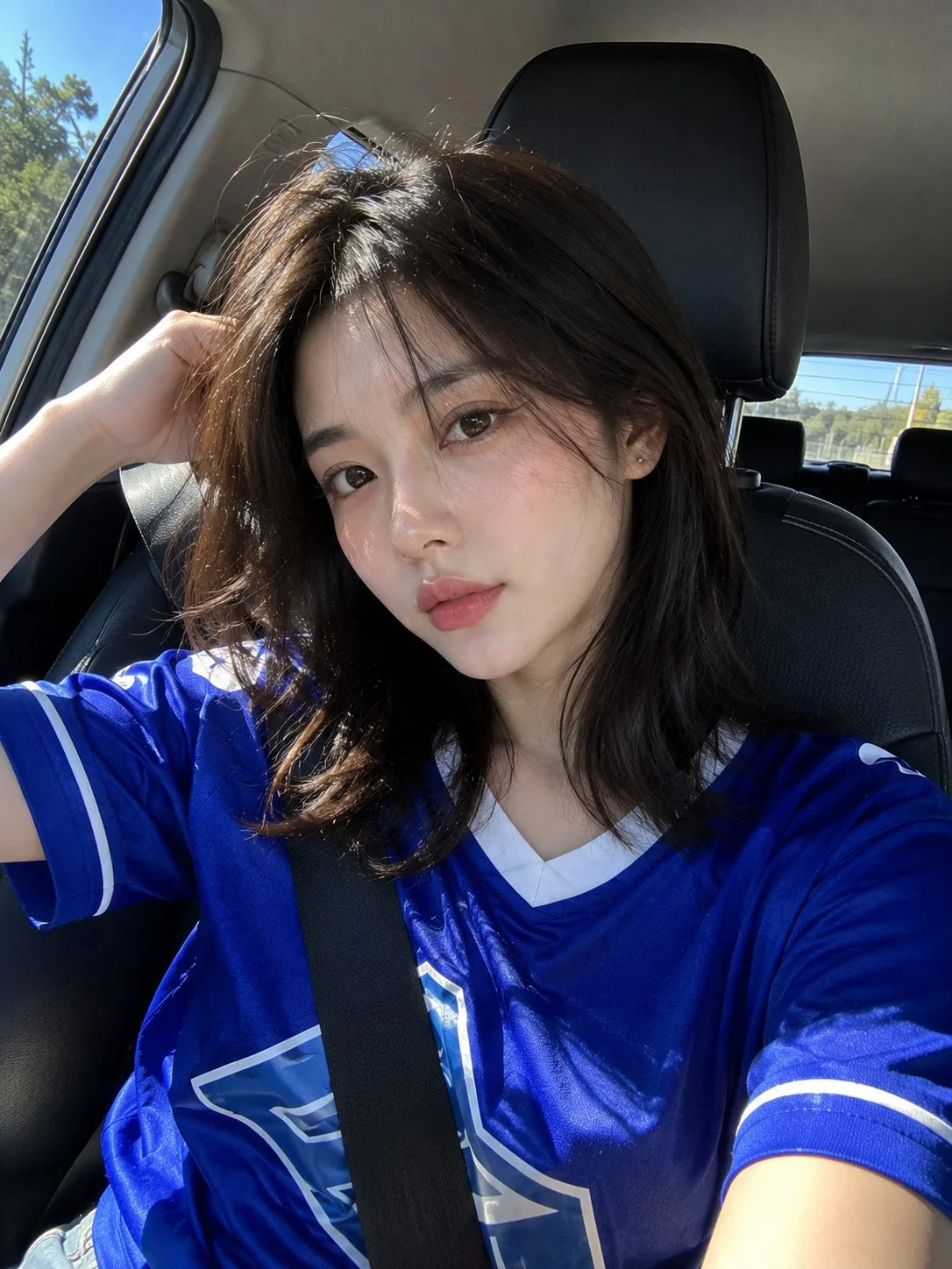 ถ่ายเซลฟี่จริง: หญิงสาวเอเชียในชุดบอลสีน้ำเงิน 1