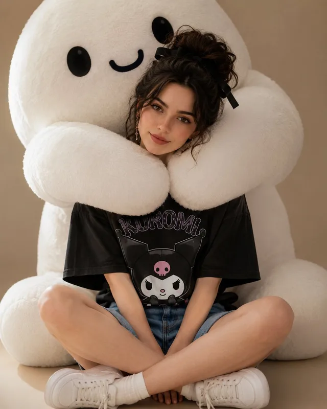 สาวน้อยกับตุ๊กตาขนนุ่มยักษ์ในสตูดิโอ