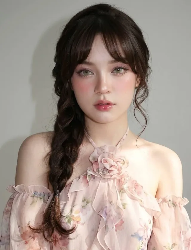 ภาพหญิงสาวชุดชีฟองสีชมพู ฉากมินิมอล