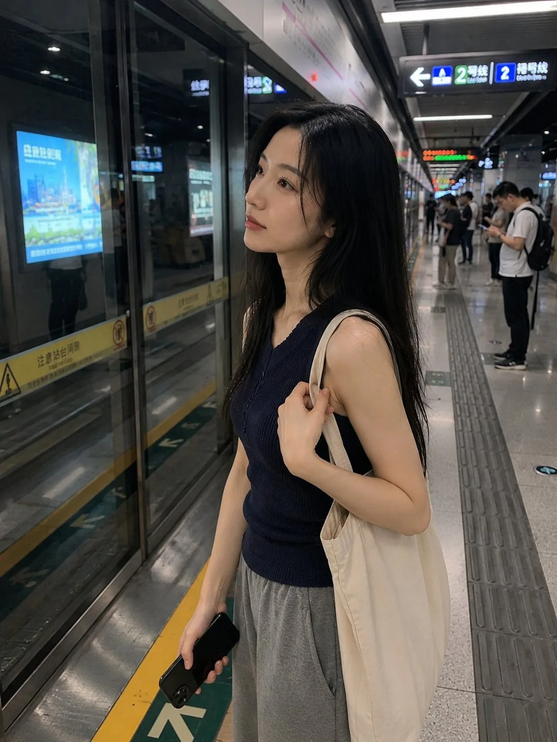 สาวเอเชียรอรถไฟใต้ดิน: ภาพถ่ายมือถือแนวตั้ง 1