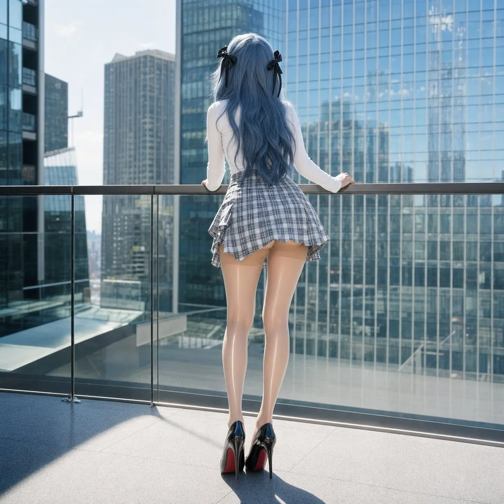 หญิงสาวผมฟ้าอ่อนท่ามกลางระเบียงเมือง (มองหลัง) 2