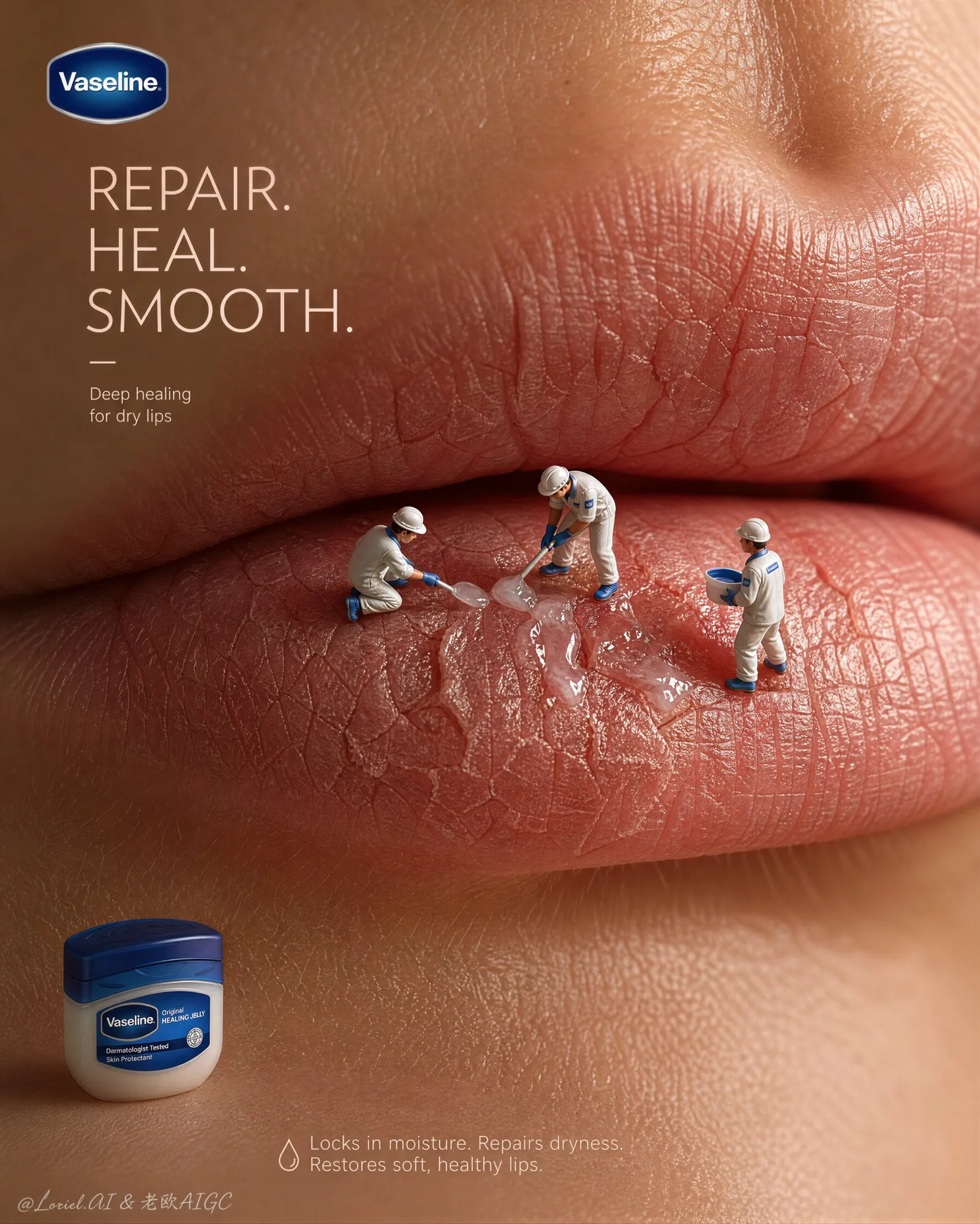 โปสเตอร์โฆษณา Vaseline: ปากแห้งแตกในรูปแบบเวิร์กโฟลว์ซ่อมแซมจุลภาค 1