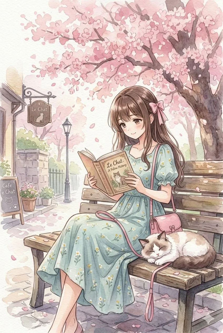 สาวผมยาวอ่านหนังสือกับแมวใต้ต้นซากุระ สไตล์สีน้ำ 1
