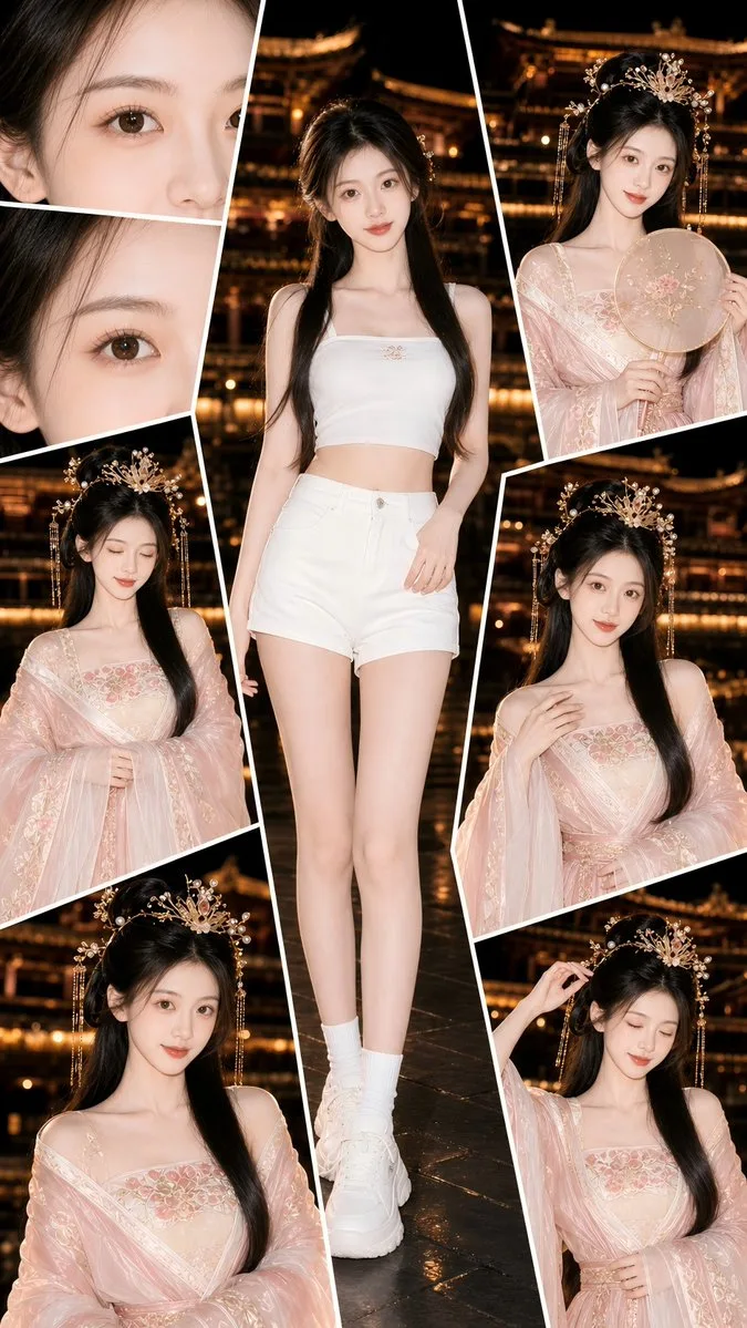 โปสเตอร์แฟชั่น AI หญิงสาวชุดโบราณและทันสมัย 9:16 1