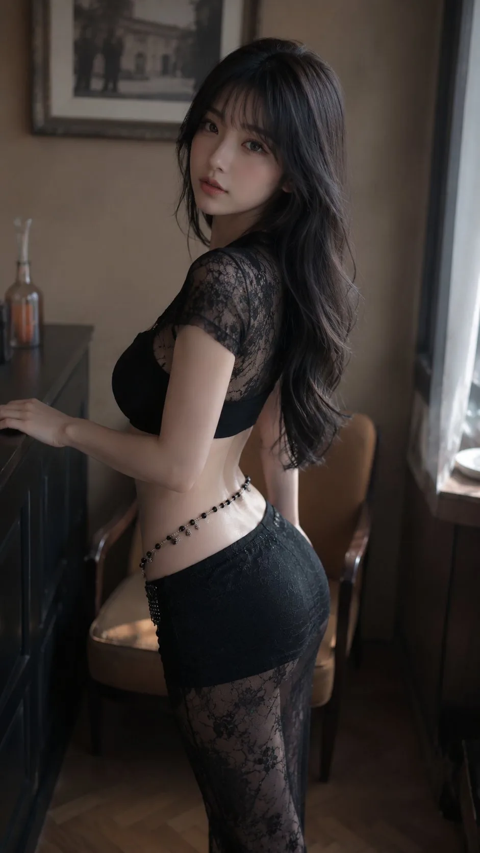 พอร์ตเทรตแฟชั่นลูกไม้ดำสุดหรูในบรรยากาศวินเทจ 1