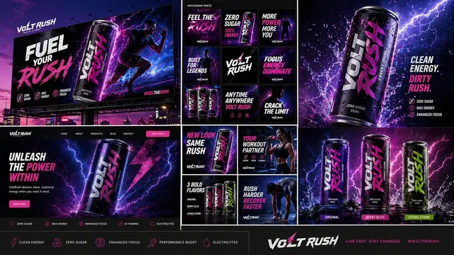 VoltRush: ชุดภาพการตลาดเครื่องดื่มชูกำลังเต็มรูปแบบ