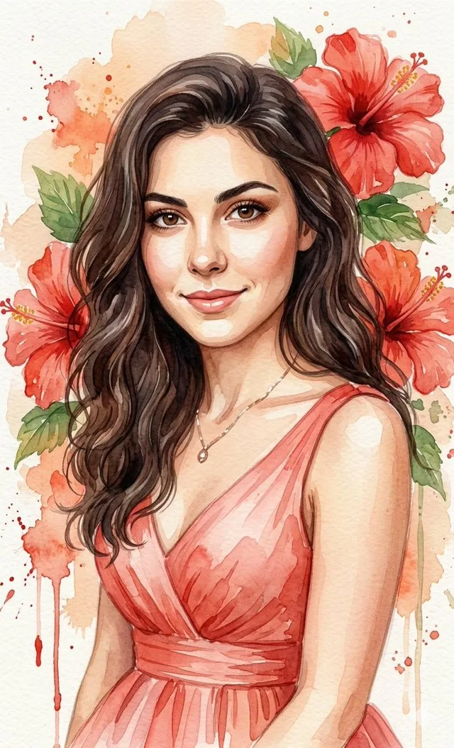 สาวงามชุดราตรีลายน้ำกับชบาแดง