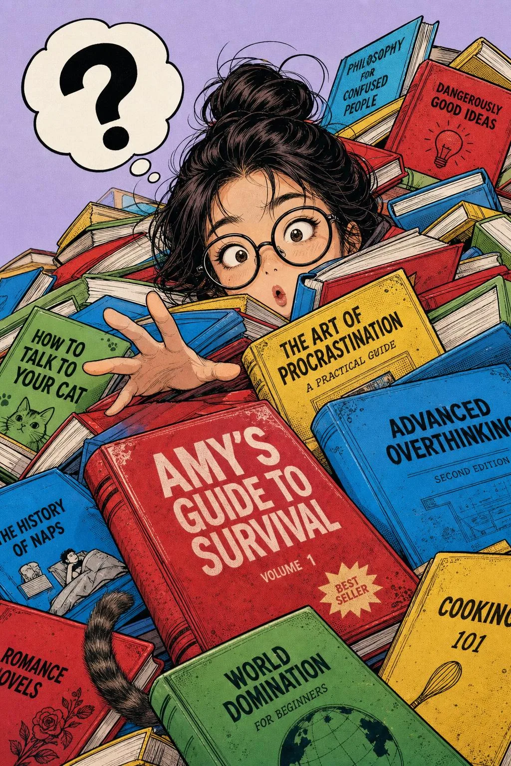 สาวสับสนในกองหนังสือสไตล์การ์ตูน 1