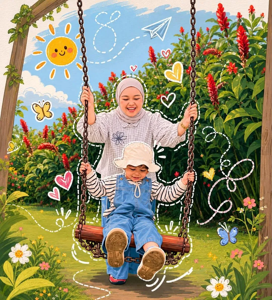 ภาพประกอบแม่ลูกในสวนดอกไม้มหัศจรรย์ สไตล์นิทาน 1
