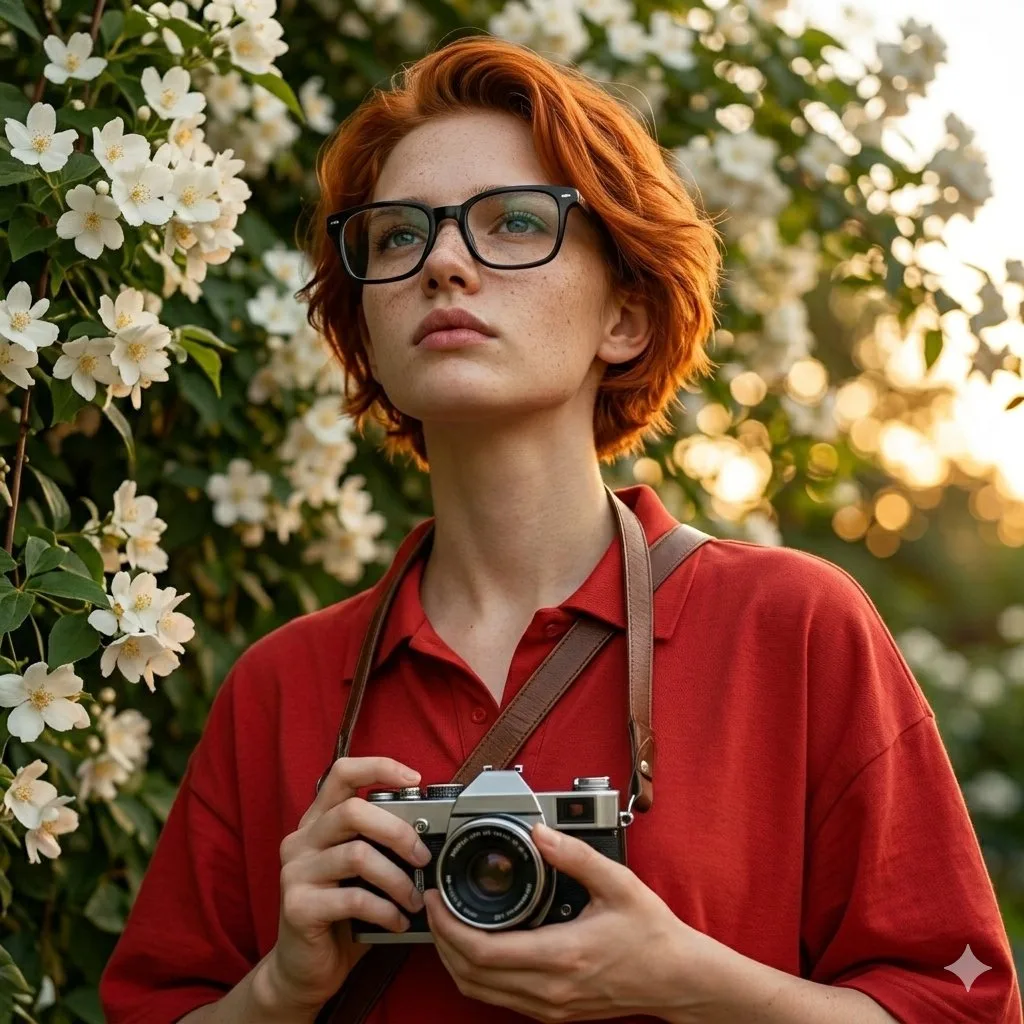 สาววินเทจถ่ายรูปท่ามกลางดอกไม้ขาว 1