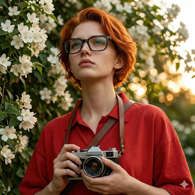 สาววินเทจถ่ายรูปท่ามกลางดอกไม้ขาว