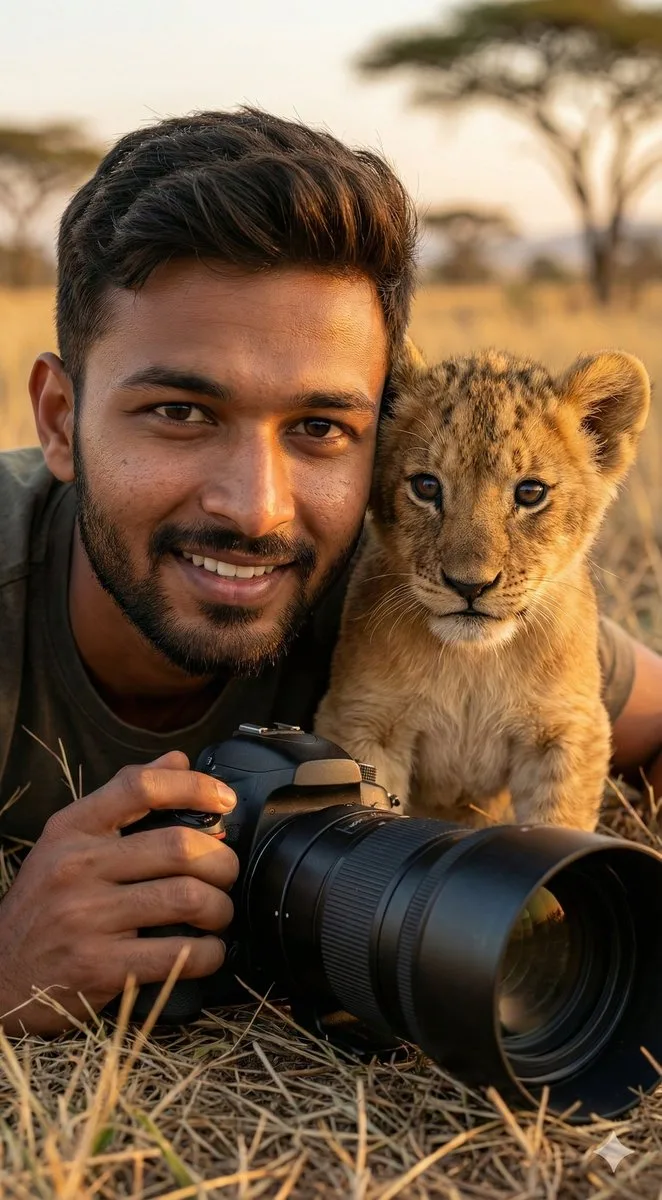 ช่างภาพสัตว์ป่ากับลูกสิงโตสบตาอบอุ่น 1