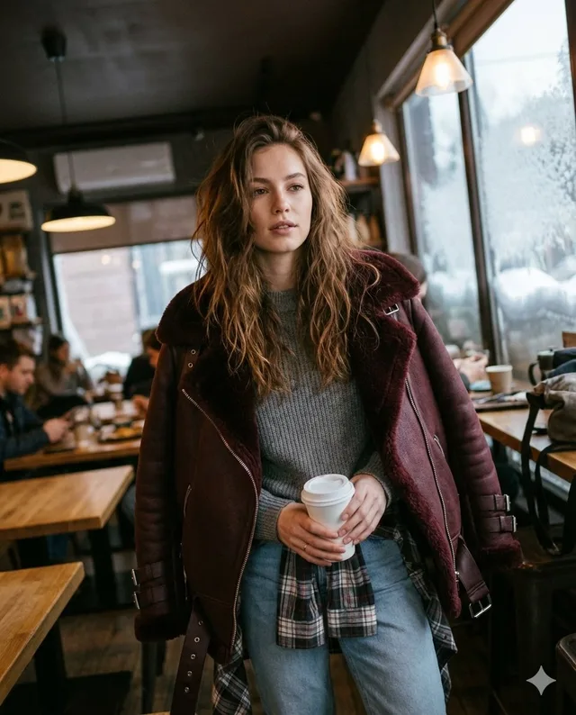 สาวแจ็กเก็ตแดงไวน์ ในร้านกาแฟฤดูหนาว