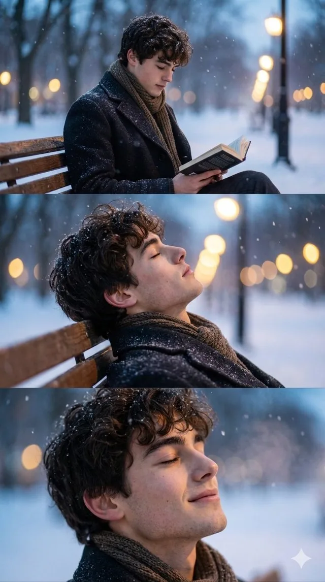 มนต์เสน่ห์แห่งฤดูหนาว: ชายหนุ่มอ่านหนังสือใต้หิมะ