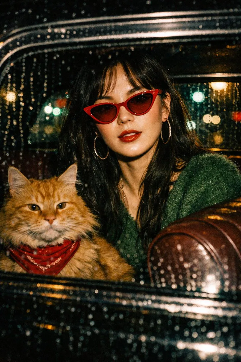 สาวจีนสุดชิคกับแมวส้มนุ่มฟู ในรถวินเทจ สไตล์หว่องกาไว 1