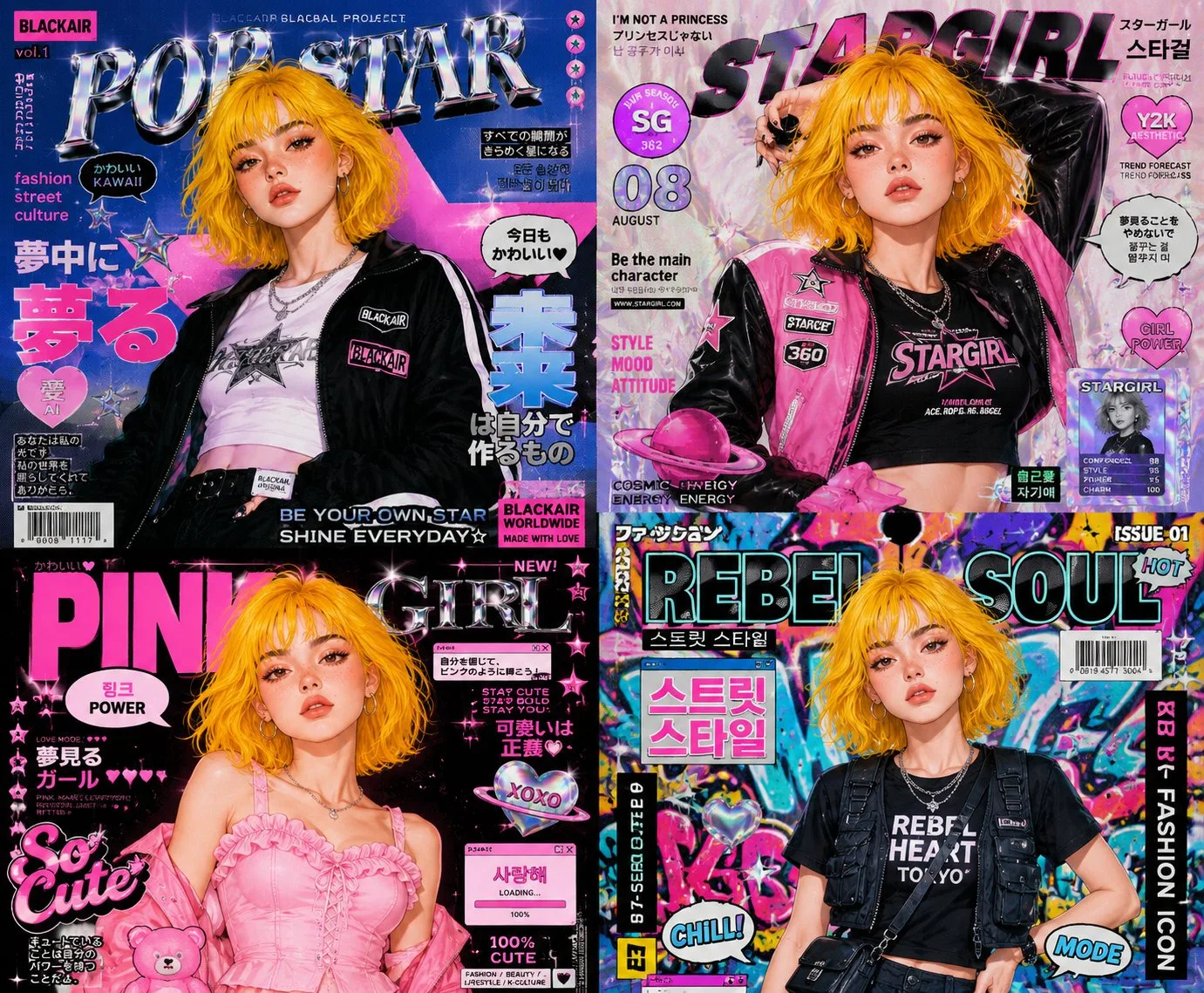 คอลลาจสาวอนิเมะ Y2K สไตล์เกาหลี 4 ช่อง 1