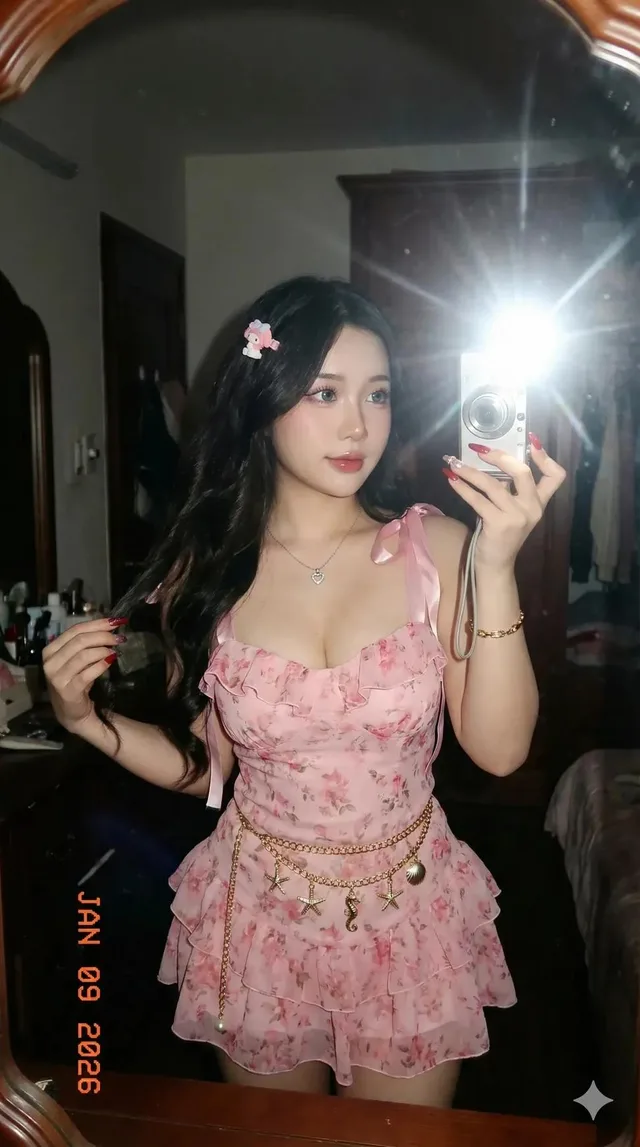 สาว Y2K ชุดชมพูเซลฟี่ในกระจก