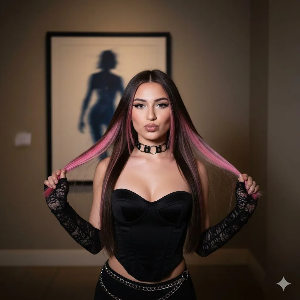 สาว Y2K สุดแซ่บ ผมสีน้ำตาลไฮไลท์ชมพู ถ่ายด้วยแฟลช 1
