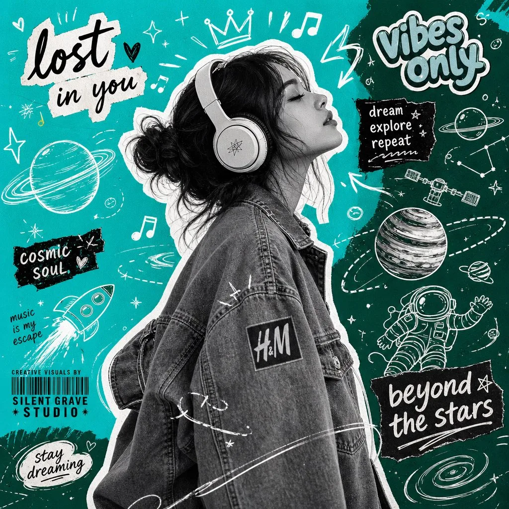 โปสเตอร์คอลลาจ Y2K: สาวฟังเพลงในโลกไซเบอร์ 1