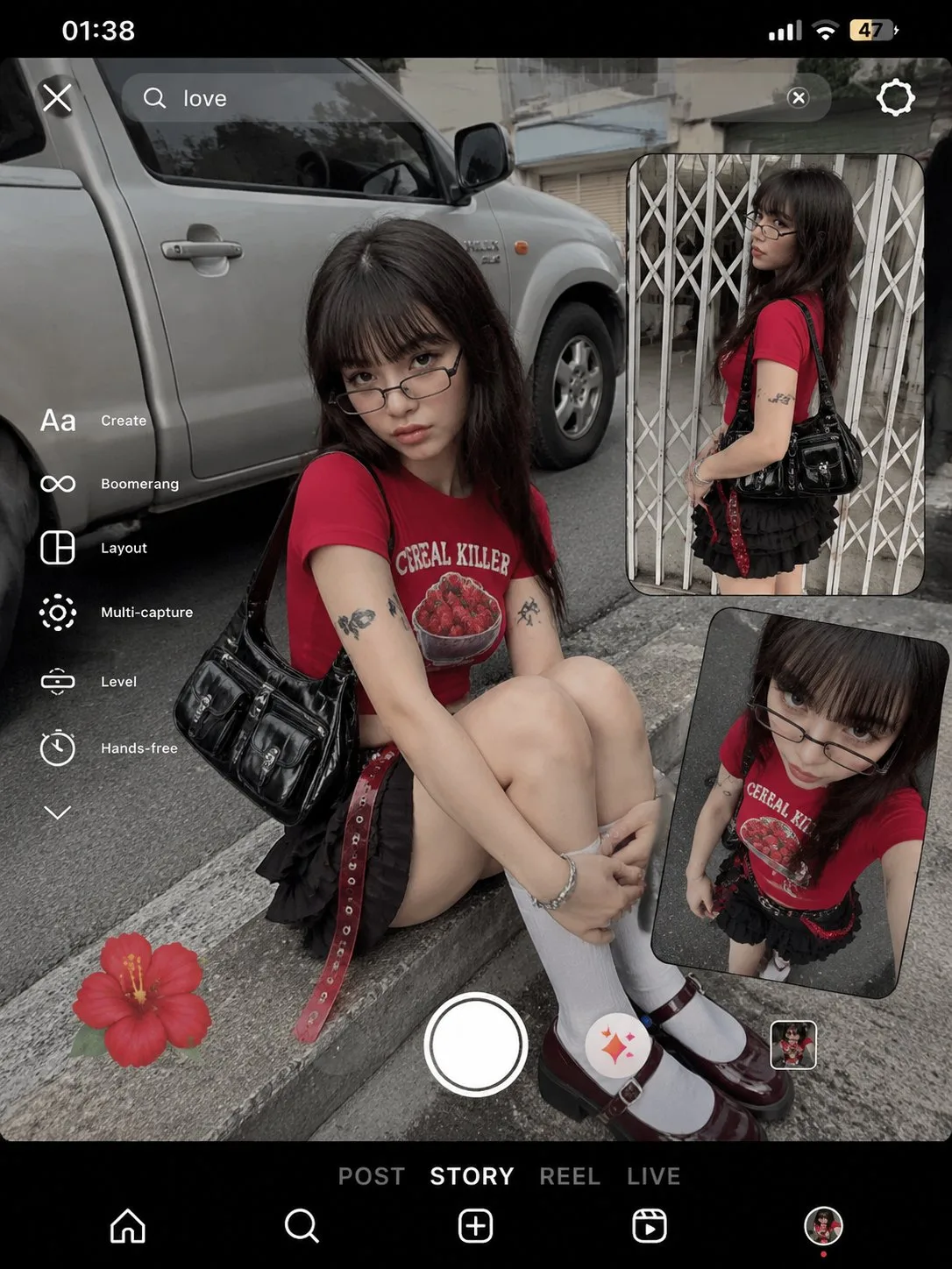 Y2K สาวเสื้อยืดสตรอว์เบอร์รีแดงสไตล์ภาพตัดปะริมถนน 1