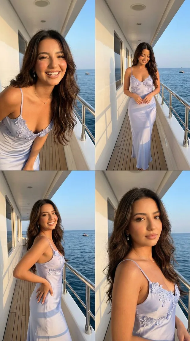 สาวชุดซาตินกับยามอาทิตย์อัสดงบนเรือยอชต์
