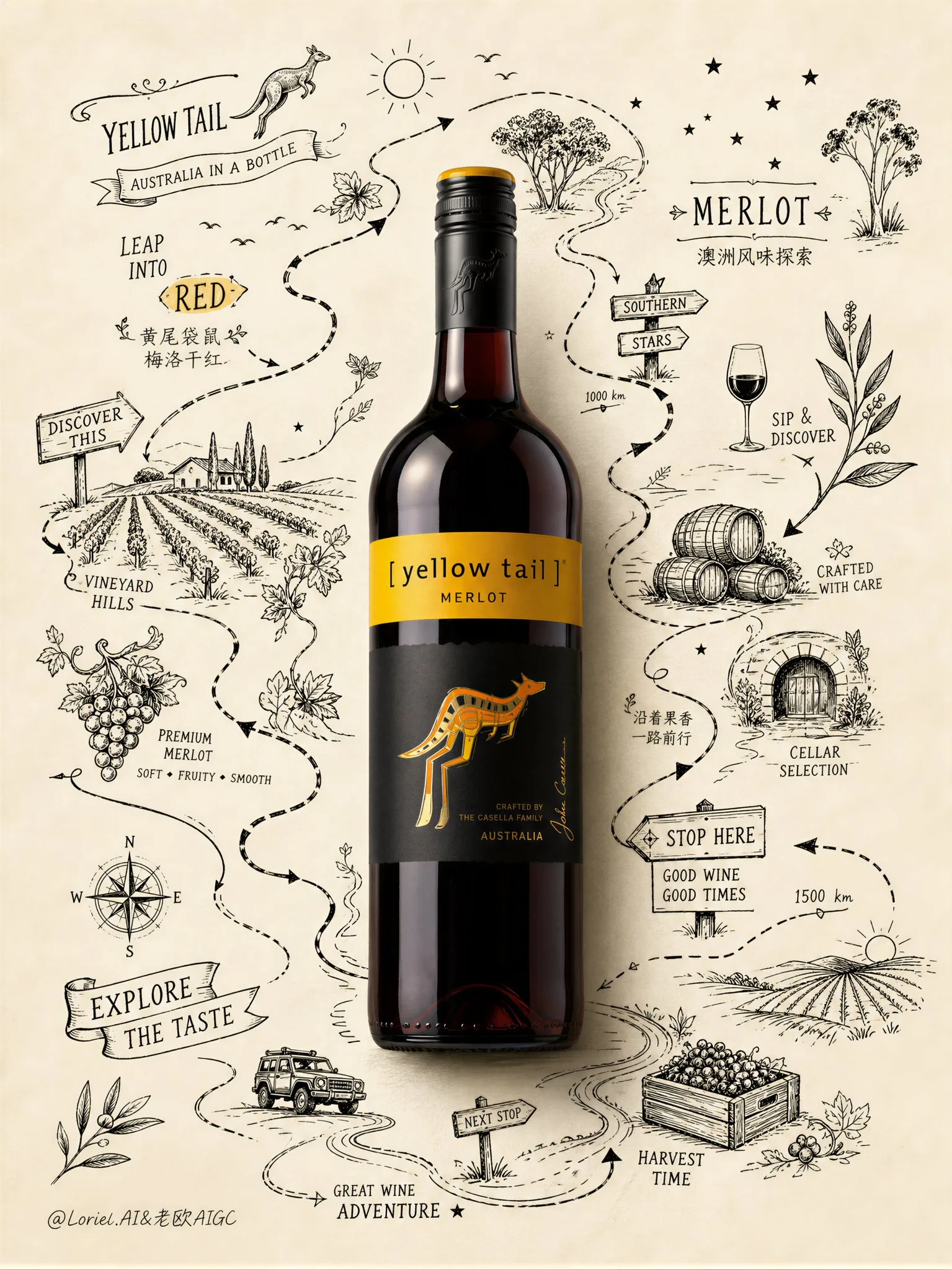 โปสเตอร์ไวน์ Yellow Tail Merlot: ผจญภัยบนแผนที่ไวน์ 1