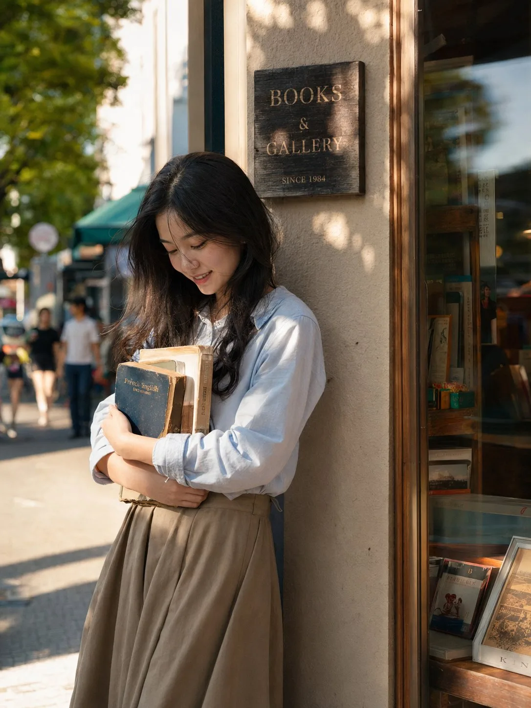 สาวเอเชียอุ้มหนังสือหน้าร้านหนังสือ 1