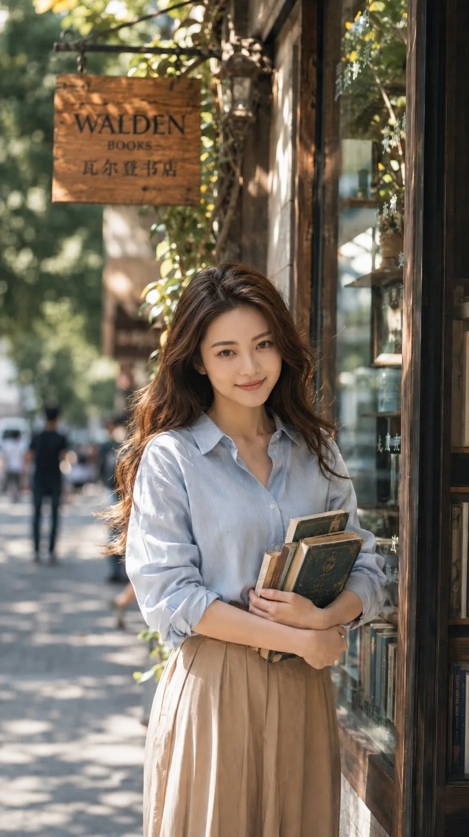 สาวเอเชียอุ้มหนังสือหน้าร้านหนังสือ 2