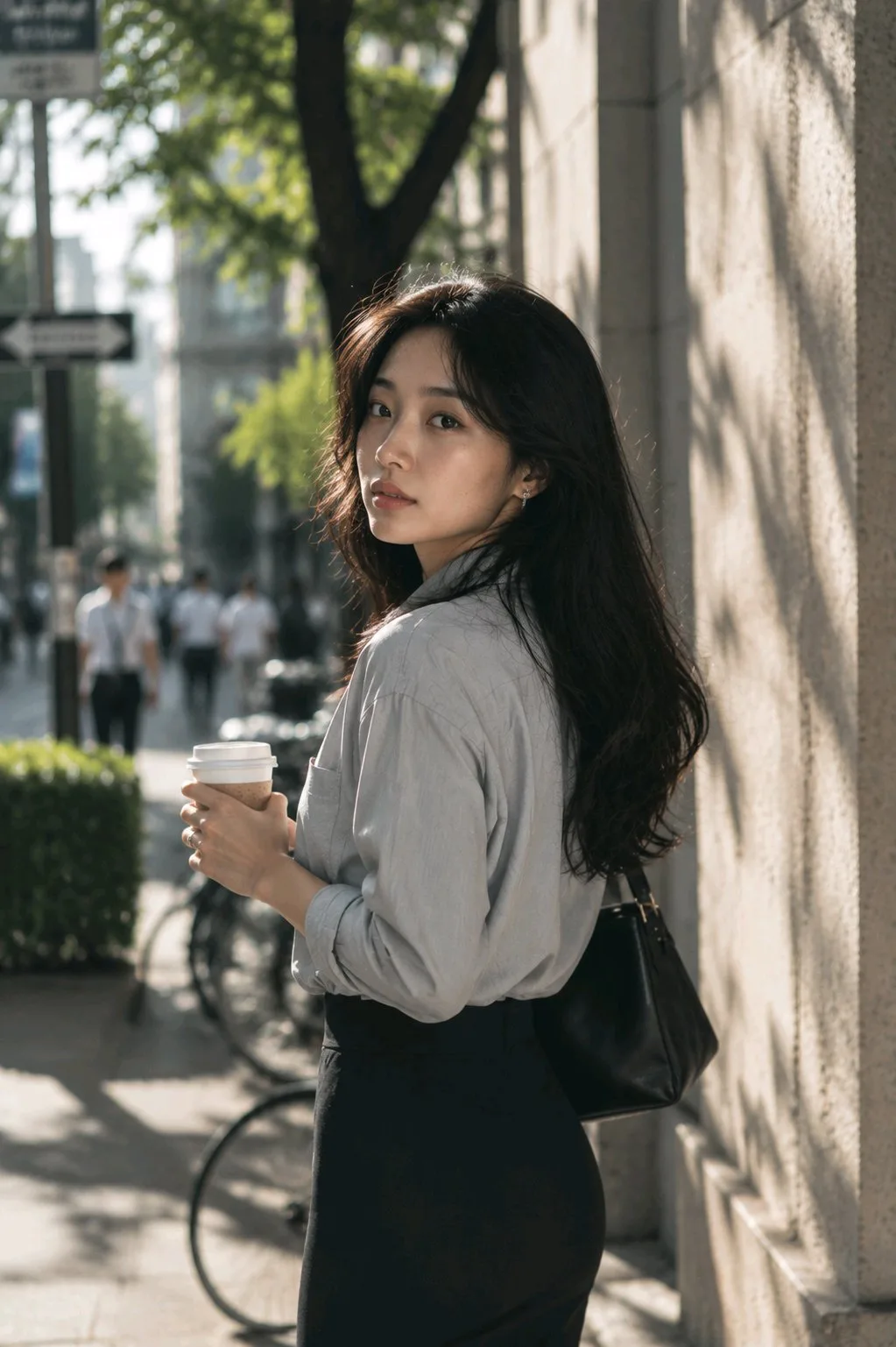 สาวออฟฟิศเอเชียถือกาแฟในโตเกียว 1