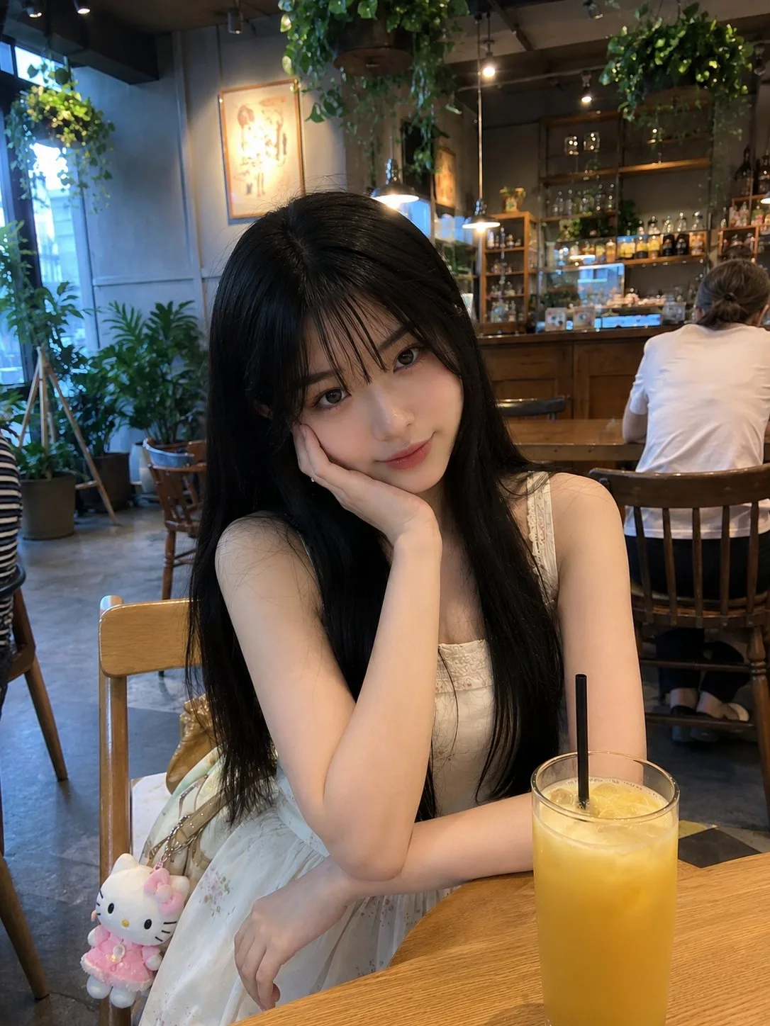 สาวญี่ปุ่นผมยาวในคาเฟ่: ภาพถ่ายโทรศัพท์มือถือ 1